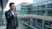 Professional businessman using holographic interface technology in modern office building for futuristic business solutions and digital innovation.