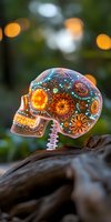 Illuminated sugar skull with vibrant floral patterns and glowing orange and turquoise designs against blurred bokeh background, celebrating Day of Dead traditions.