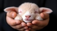 Newborn lamb sleeping peacefully in caring hands against dark background, showing tenderness and protection in agriculture and animal care. Close up view of pink nose and wool.