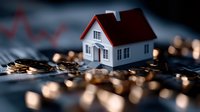 Small white house model with red roof surrounded by scattered coins on dark surface with blurred financial chart background for mortgage investment concept.