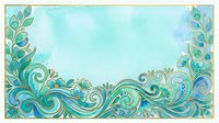 Ornate turquoise and gold decorative border frame with swirling botanical flourishes on watercolor background, isolated for design use.