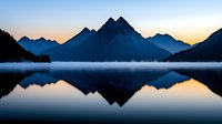 Tranquil mountain lake at dawn with perfect reflection of peaks and low-lying mist, creating symmetrical mirror effect in calm waters during sunrise.