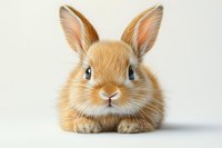 Adorable ginger dwarf rabbit with large upright ears lying on white background, front view portrait showing fluffy fur and pink nose. Isolated pet photo for design use.