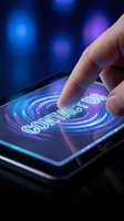 Finger touching contact us button on smartphone screen with glowing blue purple interface design for customer service and business communication.