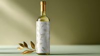 White wine bottle with elegant leaf pattern label design on green background with golden laurel branch decoration, suitable for wine branding and packaging.