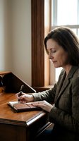 Middle-aged Caucasian woman in a blazer writing in a leather journal at a vintage wooden desk by a window, focused and thoughtful.