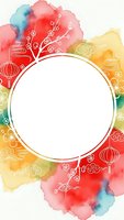 Colorful watercolor frame with Asian motifs, cherry blossoms, lanterns and decorative elements. White circle space for text or design content.