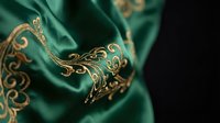 Luxurious emerald green silk fabric with ornate golden embroidered patterns and decorative swirls creating elegant textile background for fashion design projects.