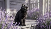 Black cat sitting on a rustic wooden porch surrounded by blooming lavender flowers in soft natural sunlight.
