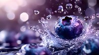 Fresh blueberry splashing in water with droplets creating dynamic crown effect against purple bokeh background. Macro food photography with motion freeze.