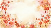 Watercolor lunar new year frame with red lanterns, cherry blossoms, and gold foliage on cream background. Isolated design element suitable for greeting cards, invitations, and festive projects.