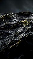Dramatic dark ocean waves with glowing golden liquid metal streaks flowing across turbulent water surface under stormy sky.