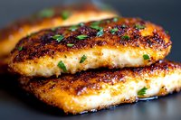 Grilled chicken breast with golden-brown caramelized crust and fresh herbs garnish on dark background, close-up view showing juicy texture and seasoned surface.