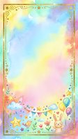 Pastel rainbow watercolor frame with gold border, cute bunny, balloons, stars and flowers, perfect for kids cards, invitations and scrapbooking.