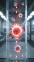 Glowing virus particles in laboratory test tube with spiky surface structure and red illumination against blurred scientific background.