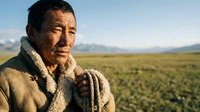 Weathered Asian shepherd in traditional sheepskin coat stands in vast grassland with mountains in background during golden hour light for authentic cultural portraits.
