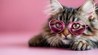 Adorable Maine Coon cat wearing heart-shaped pink glasses lying on pink background, looking at camera with expressive eyes. Pet fashion concept.