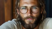 Handsome bearded man with glasses smiling warmly at camera in cozy indoor setting. Professional headshot for business, lifestyle, or personal branding content.