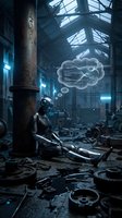 Humanoid robot sitting in abandoned industrial warehouse with thought bubble showing brain circuits, artificial intelligence concept for technology design.