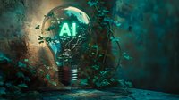 Glowing light bulb with AI text and growing plant inside on dark teal background with mystical atmosphere. Creative concept for artificial intelligence and innovation.