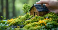 Miniature rustic log cabin with green tree on mossy hill surrounded by tiny yellow wildflowers, magical fairy garden scene with natural bokeh background.