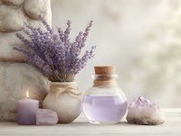 Aromatic lavender bouquet in ceramic vase with essential oil bottle, purple candle and healing crystals on light background. Spa and wellness composition.