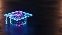 Digital graduation cap with glowing neon wireframe design on dark surface representing online education technology and academic achievement.