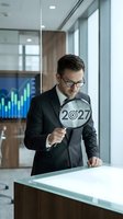 Caucasian male professional in formal business attire examining magnifying glass with 2027 target symbol in modern office environment with financial charts visible on screen.