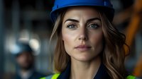 Professional female construction worker with blue hard hat and safety vest looking confidently at camera in industrial workplace setting.