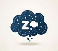 Dark blue cloud with letter Z, stars and small cloud shape inside, floating on light background. Isolated design element for sleep-related projects.