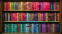 Vintage bookshelf filled with colorful hardcover books arranged in rows creating vibrant rainbow pattern against dark wooden shelving, for library or education themes.