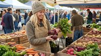 Young blonde woman in beige knit hat shopping for fresh organic vegetables at bustling farmers market with wooden crates full of seasonal produce.
