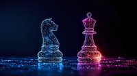 Glowing neon chess pieces, knight and queen in blue and pink colors on dark background with sparkles and light effects, strategic game concept.