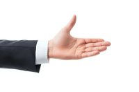 Male business professional's hand extending in welcoming gesture, wearing dark suit jacket with white shirt cuff, isolated on white background for business presentations.