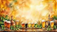 Craft beer tasting flight with various ale styles, hops, brewing equipment and warm golden background for oktoberfest celebrations and brewery promotions.