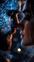 Intimate close-up profile of couple about to kiss with magical glowing blue sparkles and bokeh lights creating dreamy romantic atmosphere against dark background.
