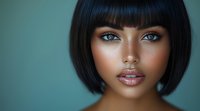 Young African American woman with bob haircut and natural makeup against teal background, showcasing flawless skin, blue eyes, and glossy lips in beauty portrait.