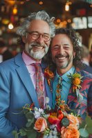 Joyful mature male couple in colorful suits celebrating their wedding day with bright floral bouquet and boutonnières, sharing genuine laughter in warm ambient lighting.