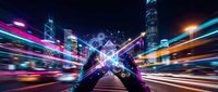 Hands holding smartphone with glowing network connections in futuristic city with light trails and digital technology effects at night.