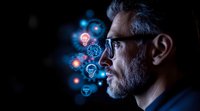 Middle-aged caucasian businessman with glasses in profile view against dark background with glowing blue and red light bulb icons representing innovative thinking.