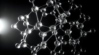 Complex molecular structure model with interconnected atoms and bonds on dark background for scientific research and chemistry education presentations.