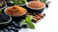 Fresh blueberries, mint leaves and aromatic spices in bowls on dark background, including cinnamon sticks, black peppercorns and ground spice powders.