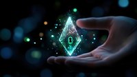 Digital security concept with glowing diamond-shaped lock icon floating above open palm against dark background with colorful bokeh lights.