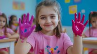 Young blonde girl showing colorful painted hands in art class, smiling at camera with classmates creating artwork in bright educational setting.