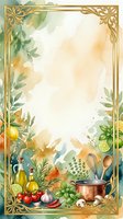 Watercolor culinary frame with fresh vegetables, herbs, cooking utensils, and golden ornamental border on cream background. Ideal for recipe cards, cookbooks, menus, and food-related designs.