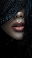 Close-up portrait showing glossy lips and dark hair partially covering face against black background, creating mysterious and sensual mood for beauty and fashion advertising.