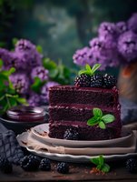 Slice of dark chocolate cake with blackberry filling and fresh berries on top, garnished with mint leaves against purple lilac flowers background in moody setting.