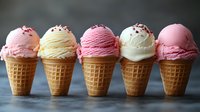 Assorted ice cream scoops in waffle cones featuring strawberry, vanilla and raspberry flavors with chocolate sprinkles arranged in row on dark background.