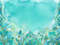 Turquoise watercolor wash with gold ornamental mandala border design, isolated on white background for invitations, greeting cards, and decorative projects.
