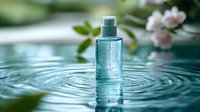 Turquoise cosmetic bottle with water drops creating ripples in pure water, pink cherry blossoms in background, spa and wellness concept for skincare products.